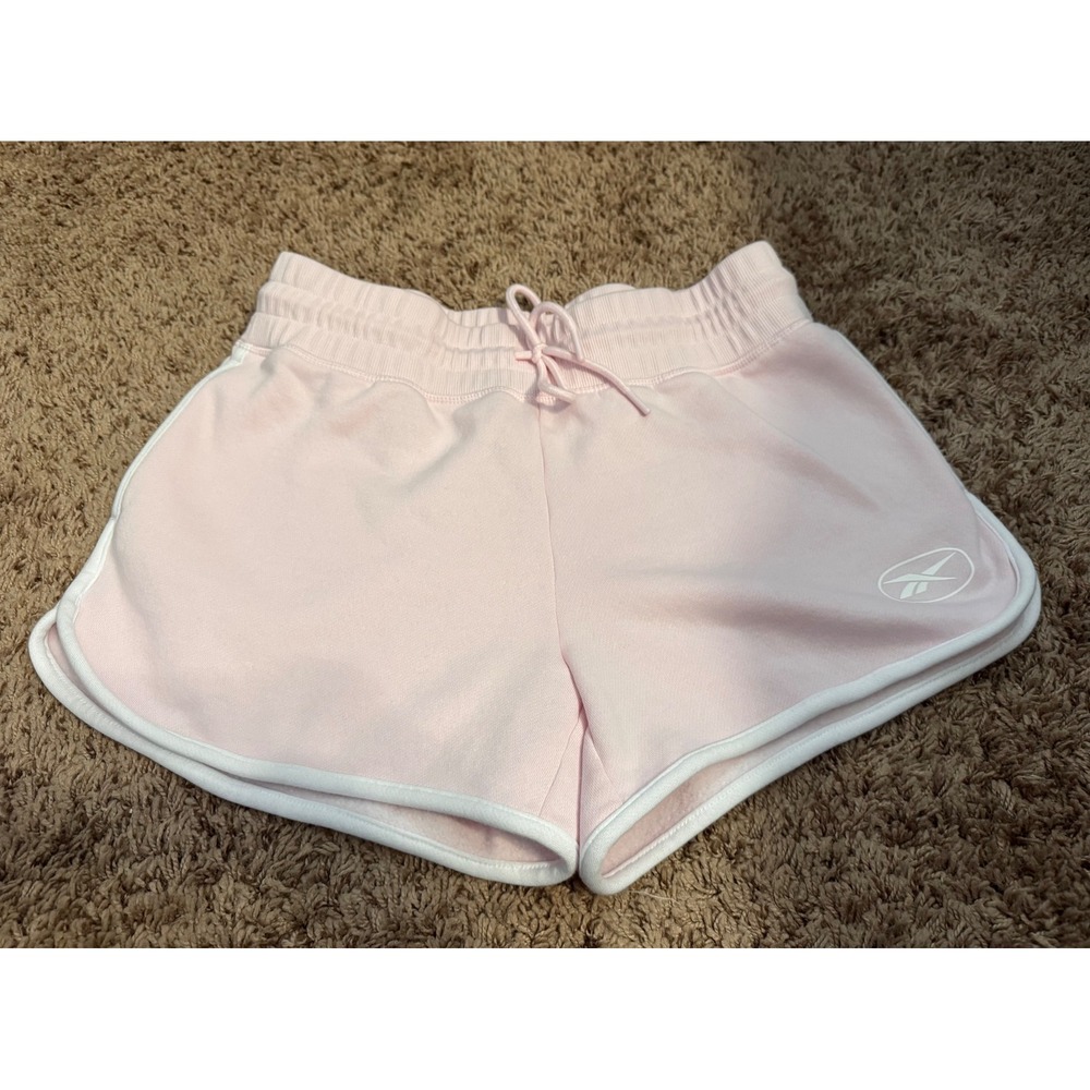 Reebok Women's Pink Fleece Dolphin Shorts White Trim Size Medium